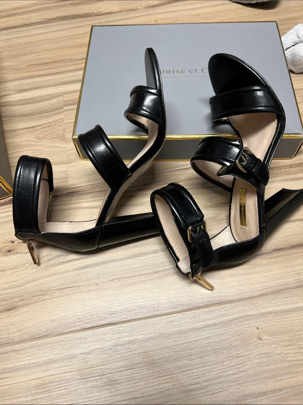 Louise et Cie Black Leather Buckle-Strap Heels